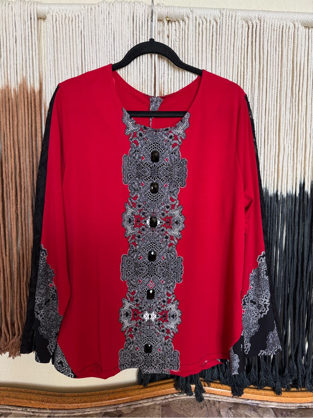 Red & black long sleeve top with lace detail down the sleeves